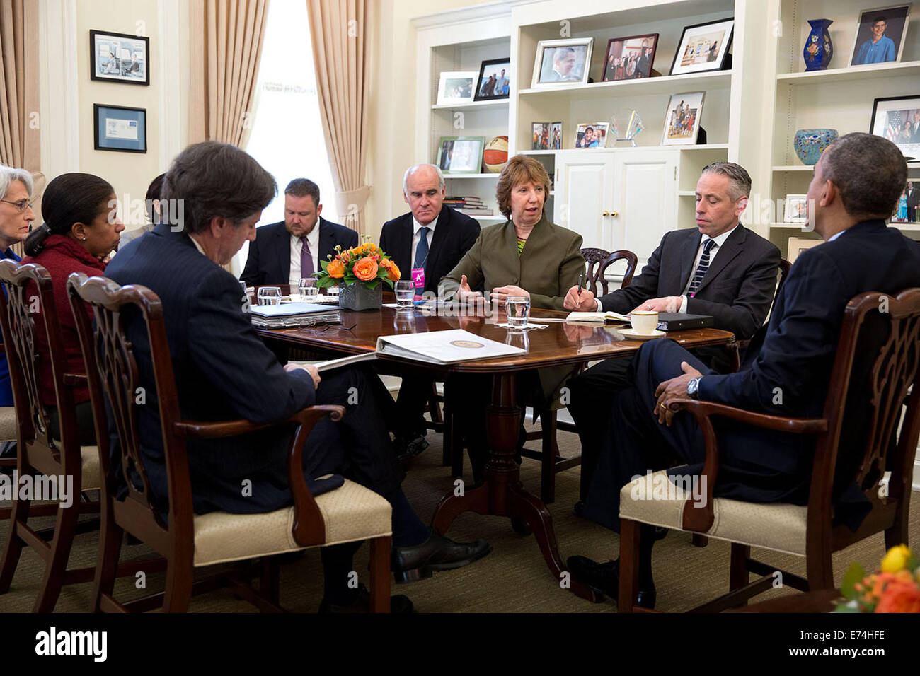 Obama joins National Security Advisor Susan E. Rice's meeting with Catherine Ashton, European Union High Representative Stock Photo