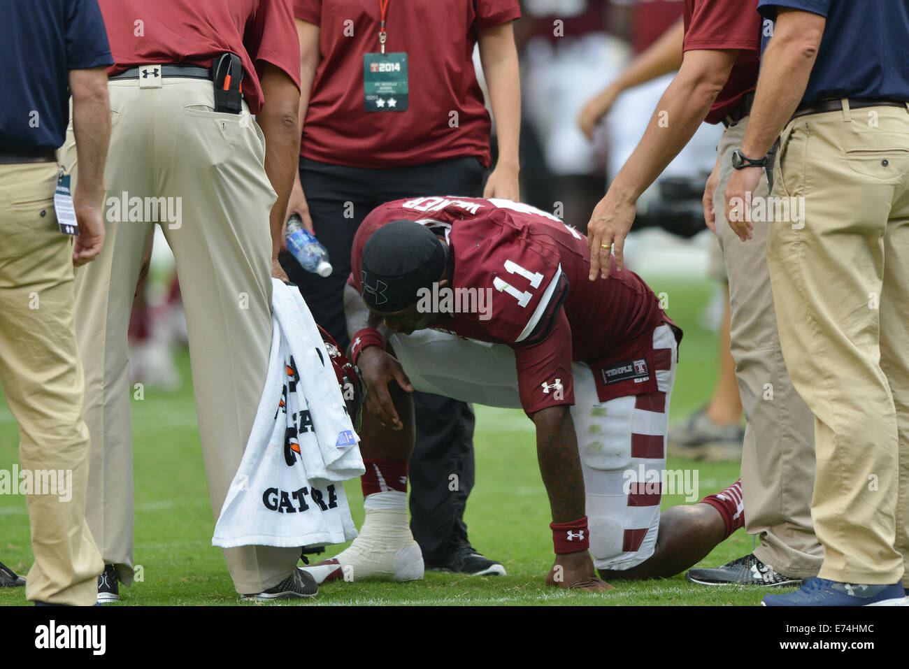 Philadelphia, Pennsylvania, USA. 6th Sep, 2014. Temple Owls quarterback P.J. WALKER #11 down on the field after a game between the Naval Academy and Temple Owls being played at Lincoln Financial Field in Philadelphia, PA. Credit:  Ken Inness/ZUMA Wire/Alamy Live News Stock Photo