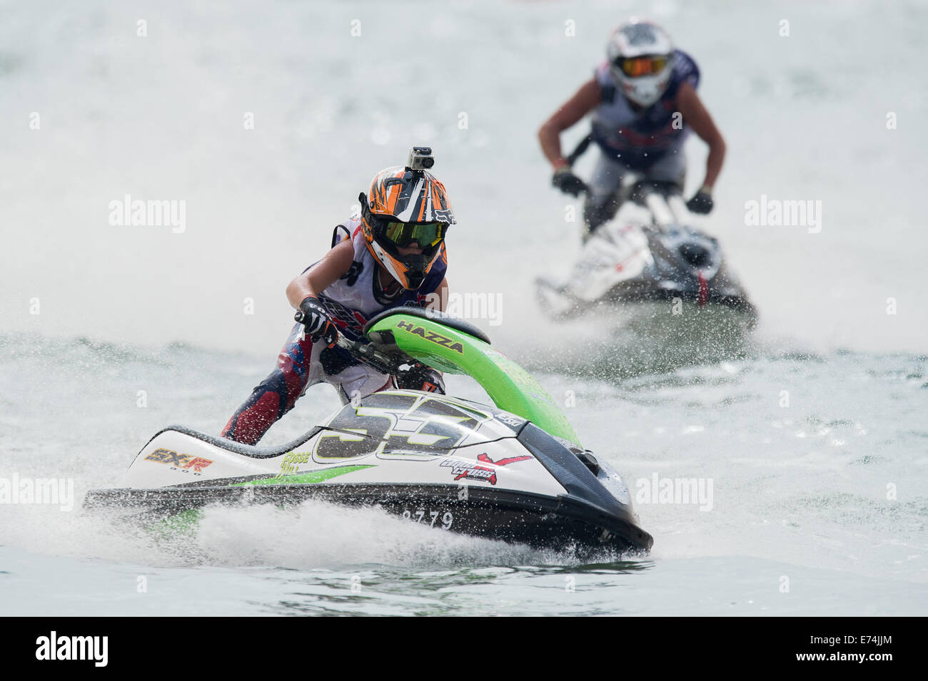 Stokes Bay Hampshire Uk 6th Sep 14 P1 Superstock Final Round Stokes Bay Gosport Hampshire Aquax Ski Rider Harry Robinson On A Kawasaki Sxr 800 Jetski No53 Is Chased By Another Jet Ski