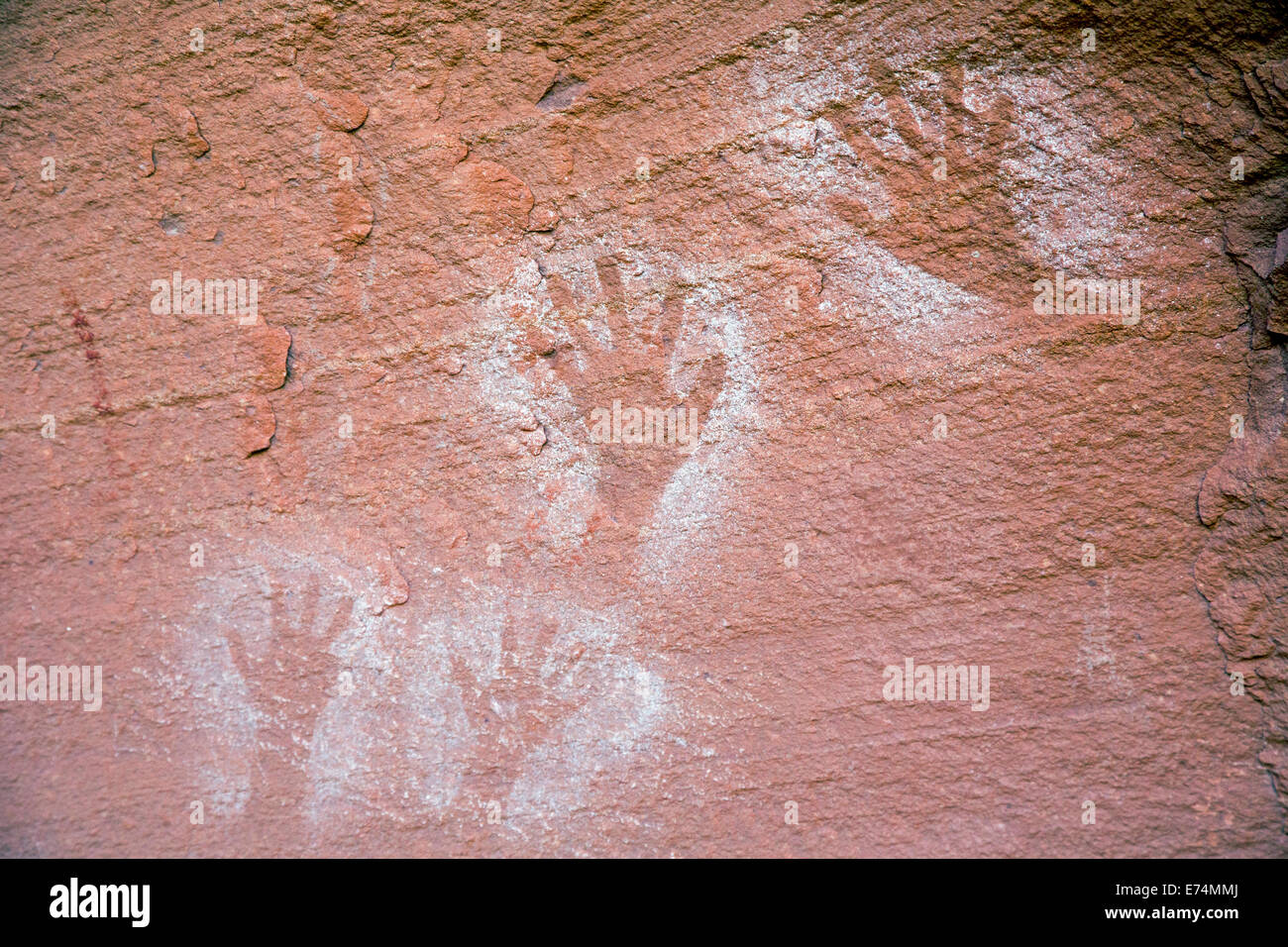 Canyonlands National Park, Utah - Ancient Anasazi hand pictographs on a cliff high above the Colorado River. Stock Photo