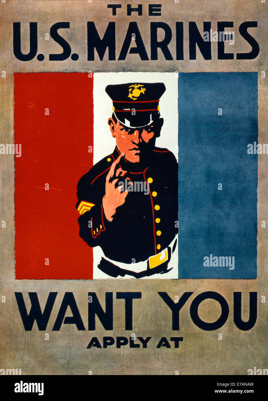 U.S. Marines Want You - U.S. Marines recruitment poster showing half-length portrait of marine gesturing with hand against red, white, and blue banners in the background, circa 1917 Stock Photo