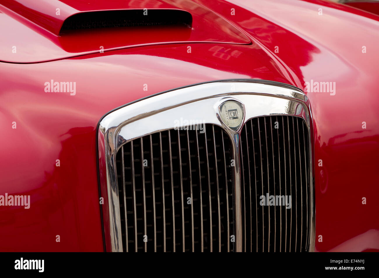 Torino, Italy. 5th September 2014. Front detail of a 1957 Lancia Aurelia B 24. Collectors of historical cars met in Torino for a car elegance competition. Stock Photo