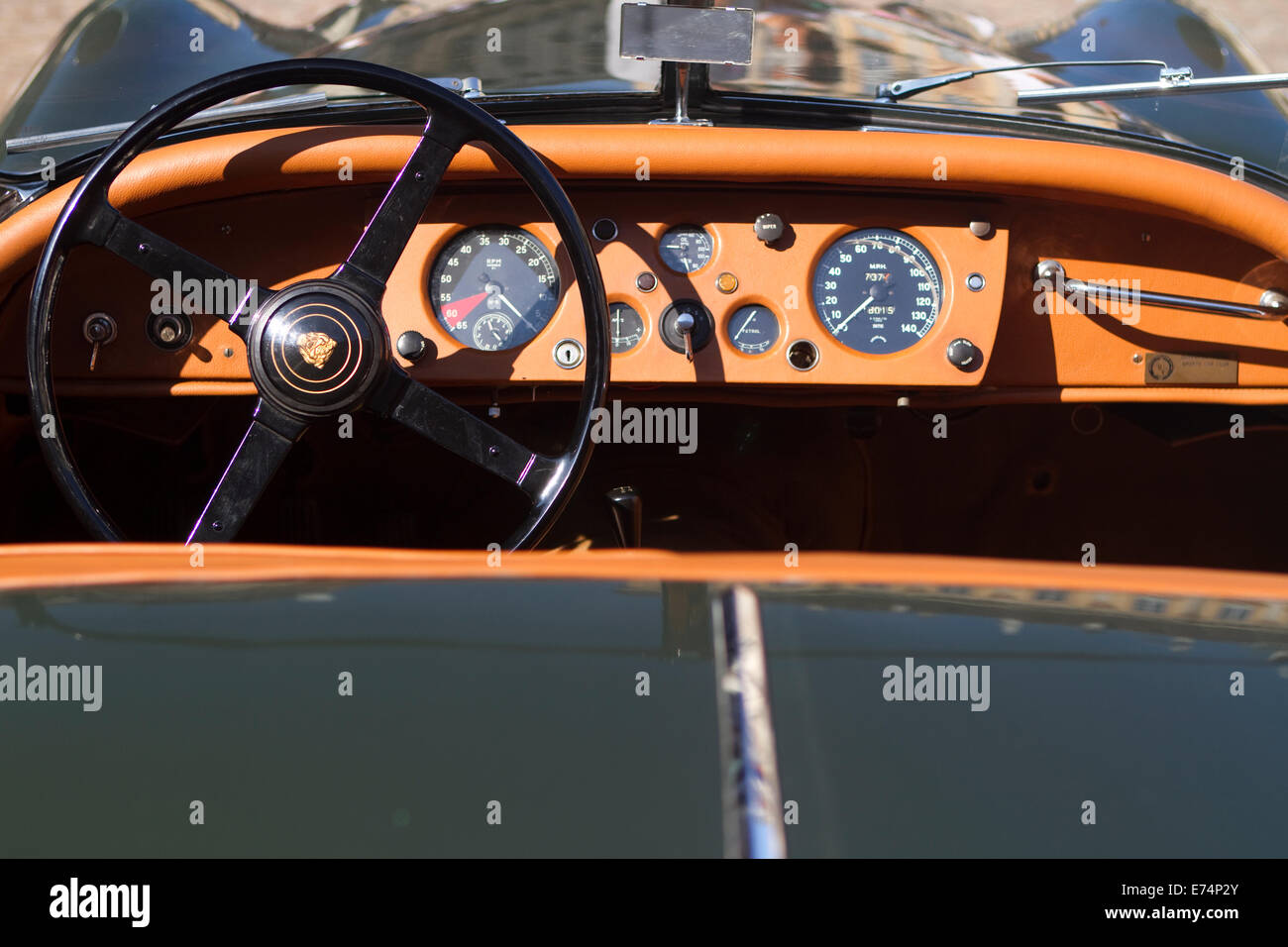 Torino, Italy. 6th September 2014. Cockpit of a 1955 Jaguar XK 140 OTS. Collectors of historical cars met in Torino for a car elegance competition. Stock Photo