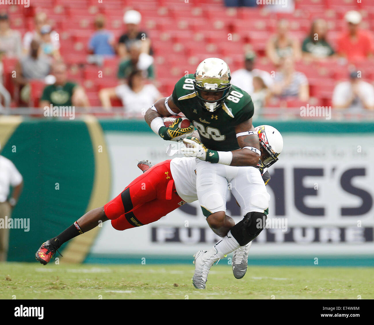 City, Florida, US. 6th Sep, 2014.South Florida Bulls tight end Mike McFarland (80) is tackled by Maryland Terrapins defensive back Alvin Hill (27) during the second quarter at Raymond James Stadium in Tampa on Saturday, September 6, 2014. Maryland defeated South Florida 24 to 17. Credit:  Octavio Jones/Tampa Bay Times/ZUMA Wire/Alamy Live News Stock Photo