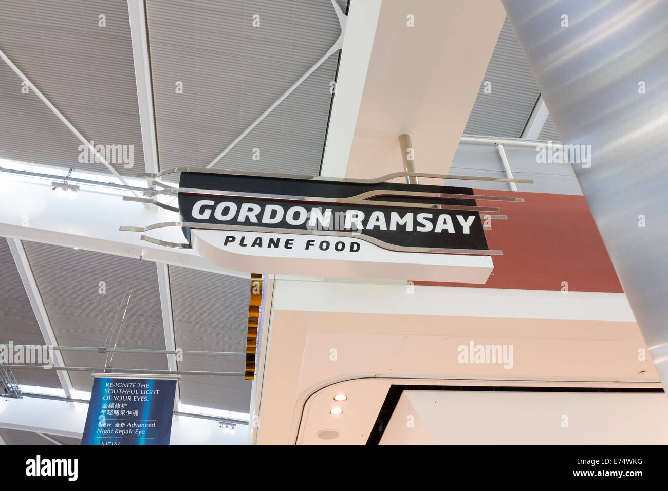 Gordon Ramsay's Plane Food restaurant sign at Heathrow Terminal 5, London, UK Stock Photo