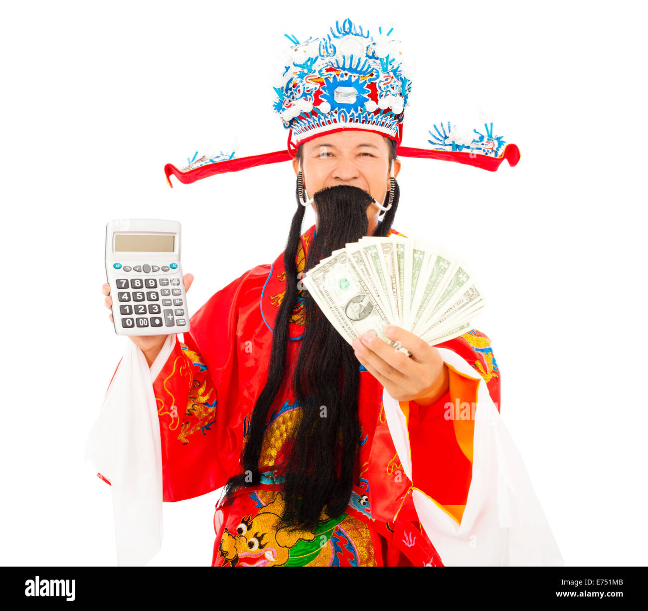 God of wealth holding a compute machine and money Stock Photo