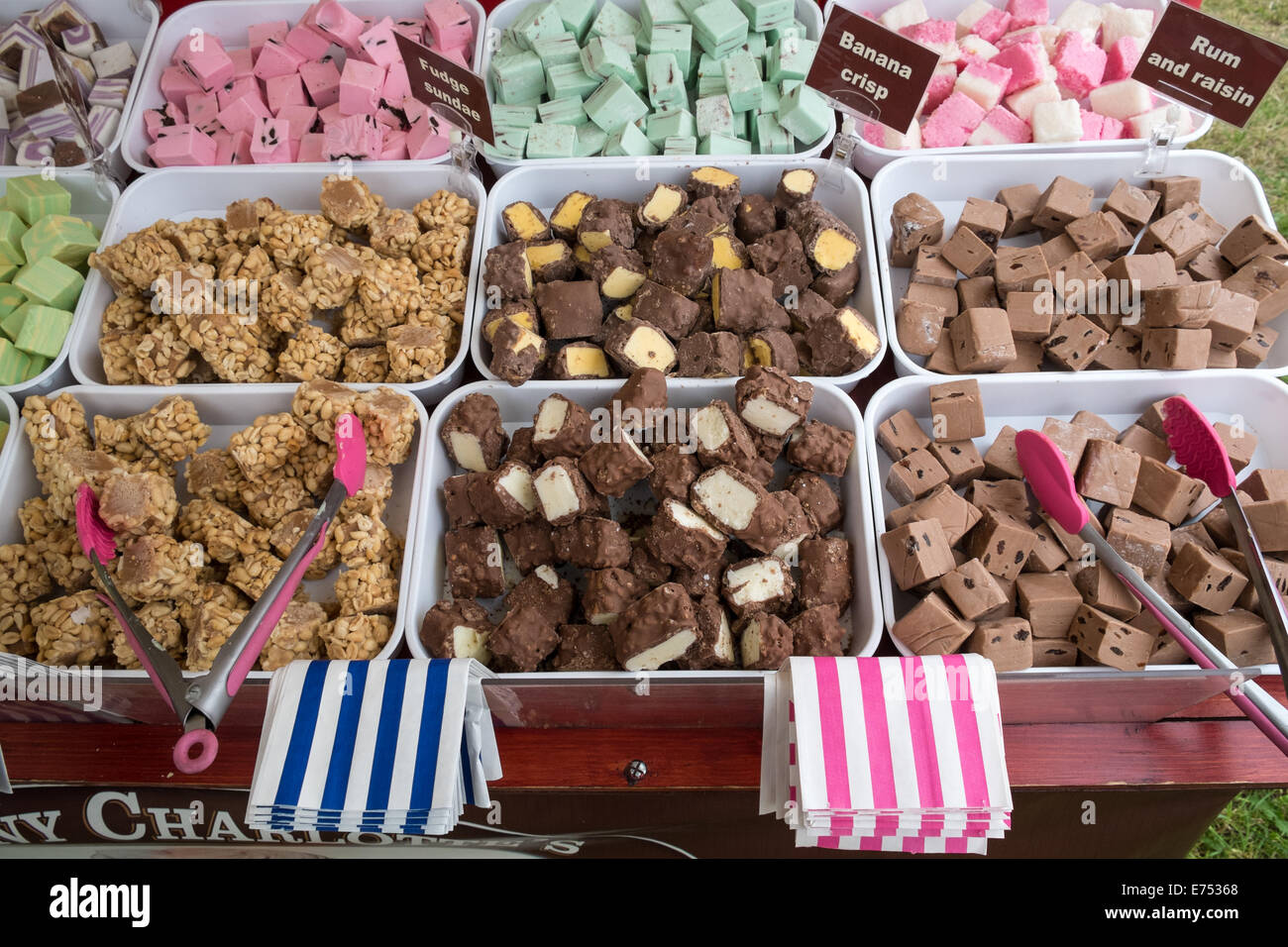 Flavoured fudge displayed at a sweet stall in England Stock Photo Alamy