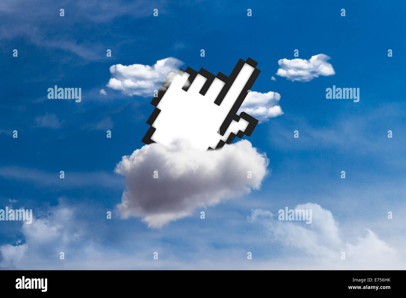 Hand mouse cursor in cloud on sky. Stock Photo