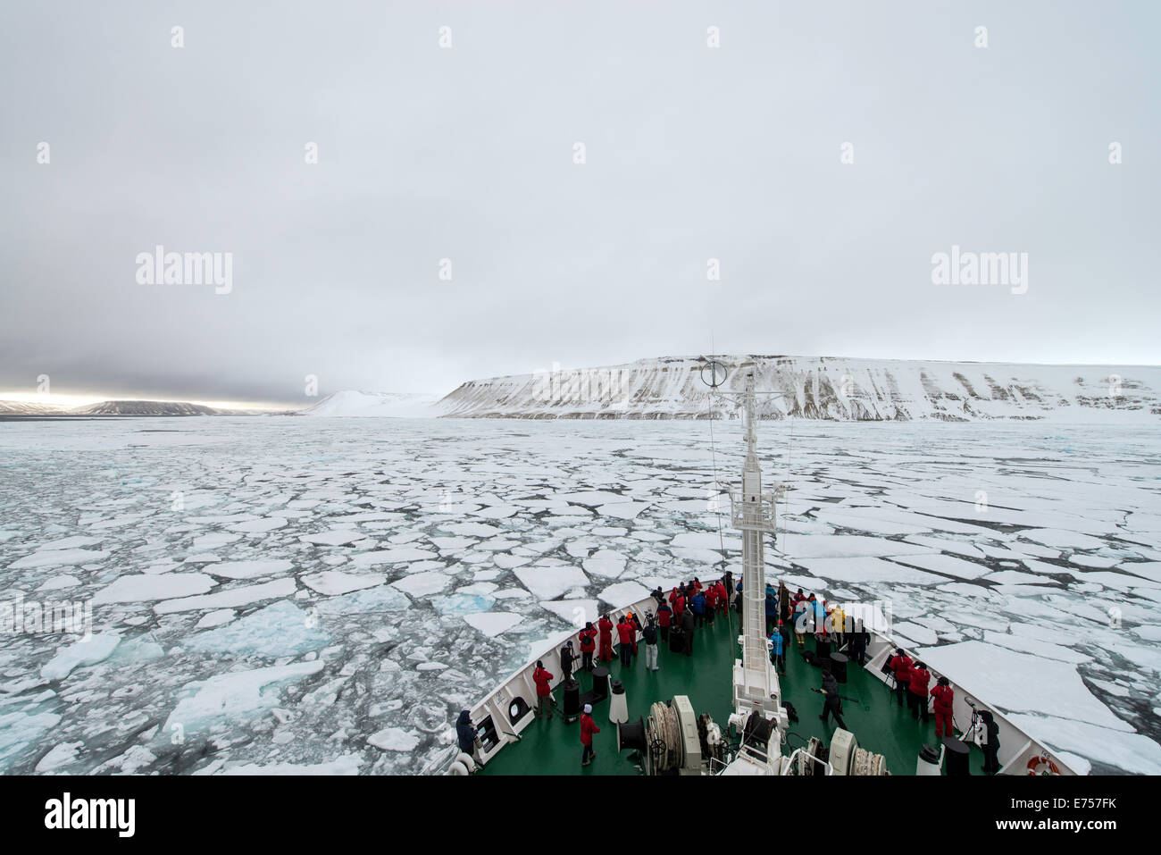 Expedition cruise Vavilov navigating through pack ice Svalbard Norway Arctic Circle Scandinavia Europe Stock Photo