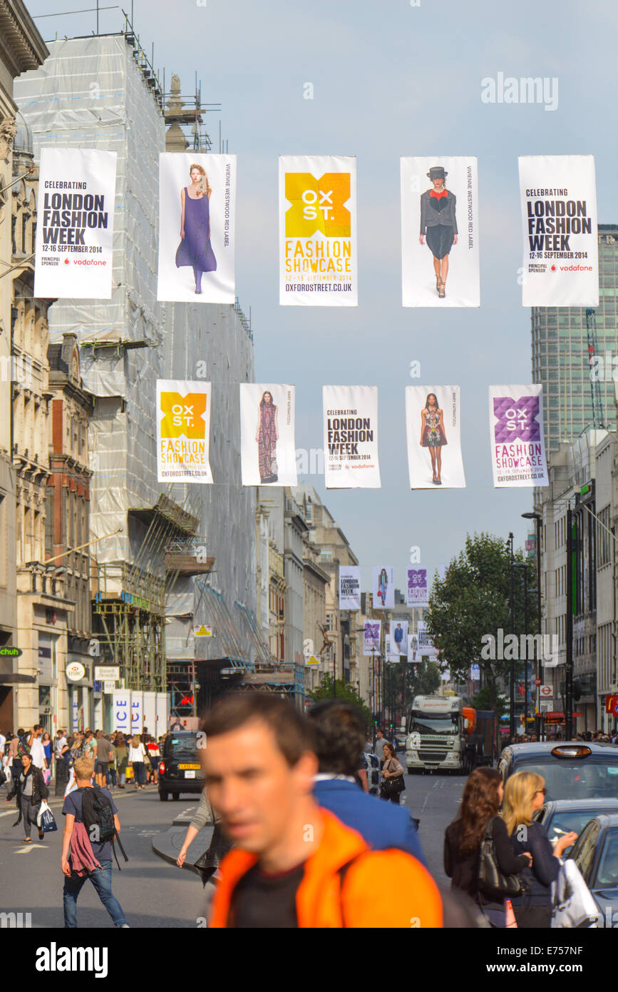 Oxford Street, London, UK. 7th September 2014. Banners have been fitted the length of Oxford Street for London Fashion Week which runs from the 12th to the 16th of September. Credit: Matthew Chattle/Alamy Live News Stock Photo