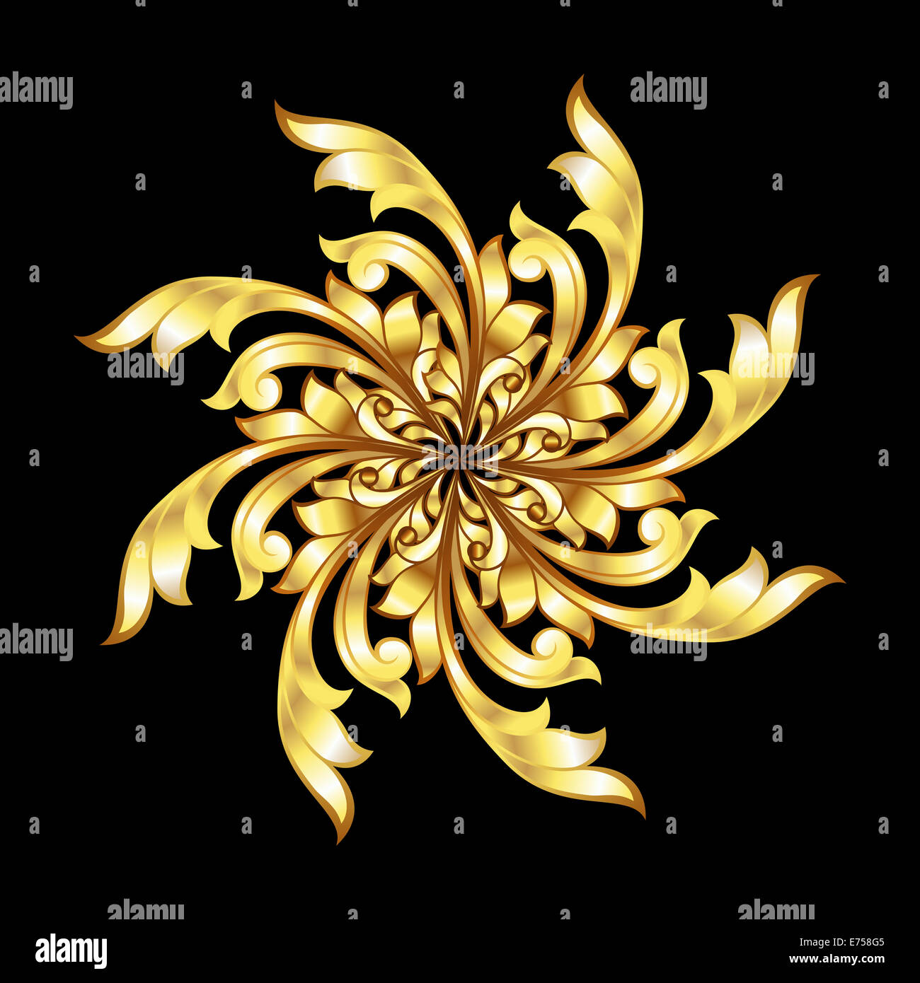 Gold pattern with a flower on a black background Stock Photo - Alamy