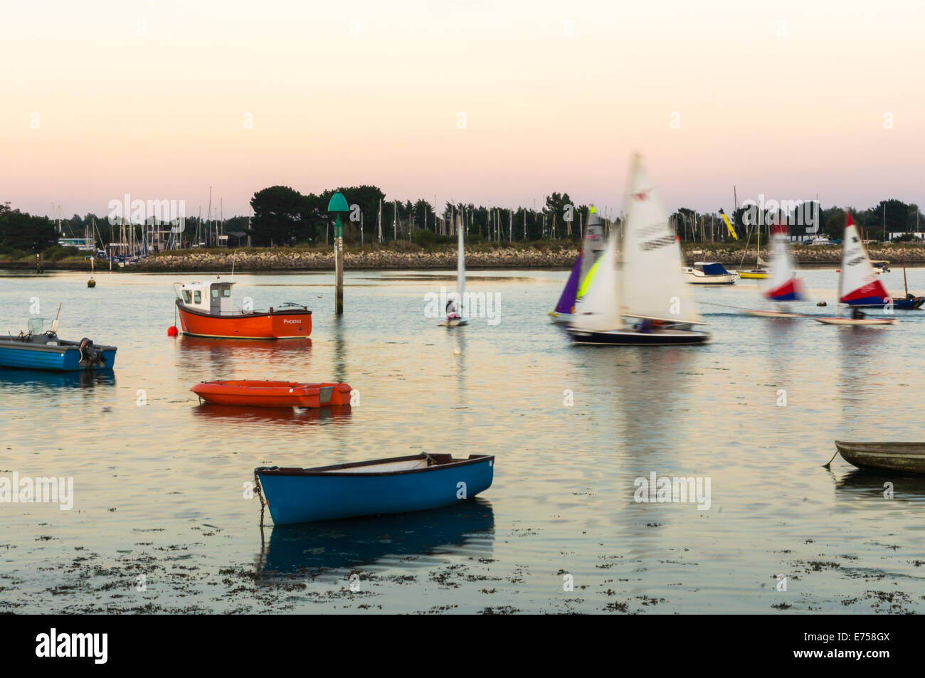 Sailing dinghies racing home at the end of the day through Emsworth harbour Stock Photo
