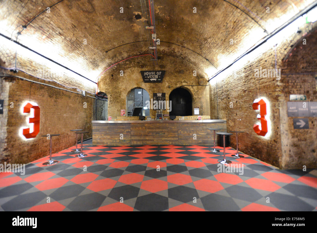 Waterloo Station, London, UK. 7th September 2014. House of Vans, a 3000 square meter space built in the Old Vic Tunnels at Waterloo, with a music venue, art gallery, artists studios, cafe, cinema, bar, and the skatepark. Credit:  Matthew Chattle/Alamy Live News Stock Photo