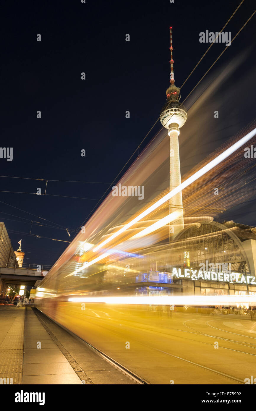 Night view of Tram at Alexanderplatz in Mitte Berlin Germany Stock Photo