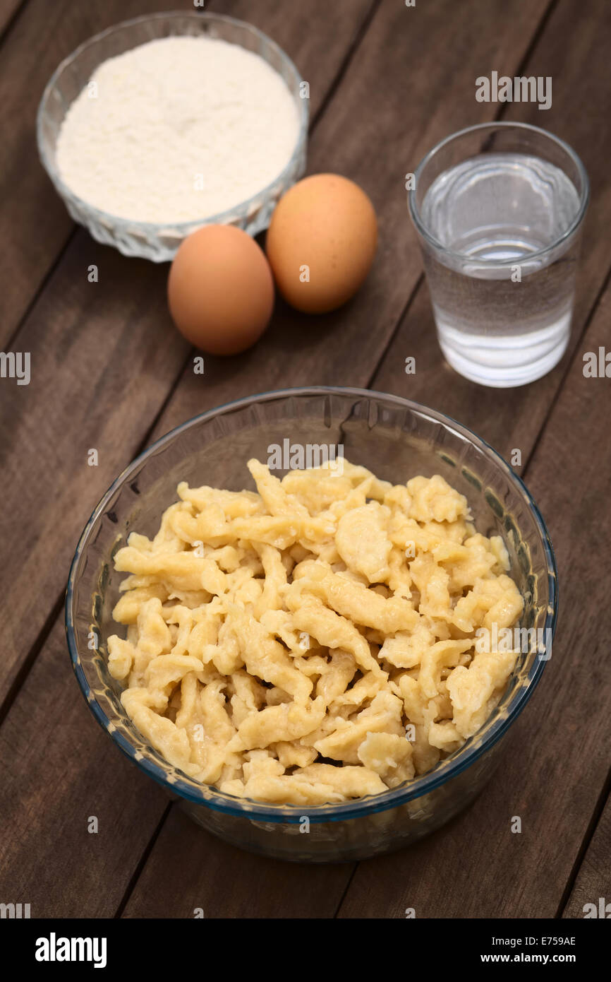 Glass bowl with homemade Hungarian Nokedli or Galuska, a type of egg noddle Stock Photo