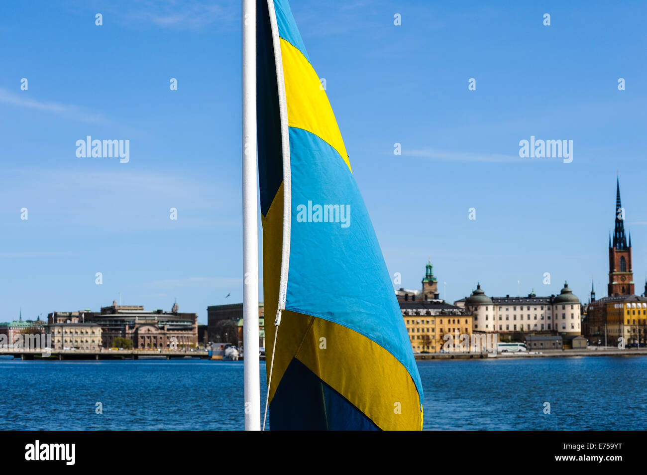 Sweden, Stockholm. Flag on passenger boat, Lake Mälaren. Stock Photo