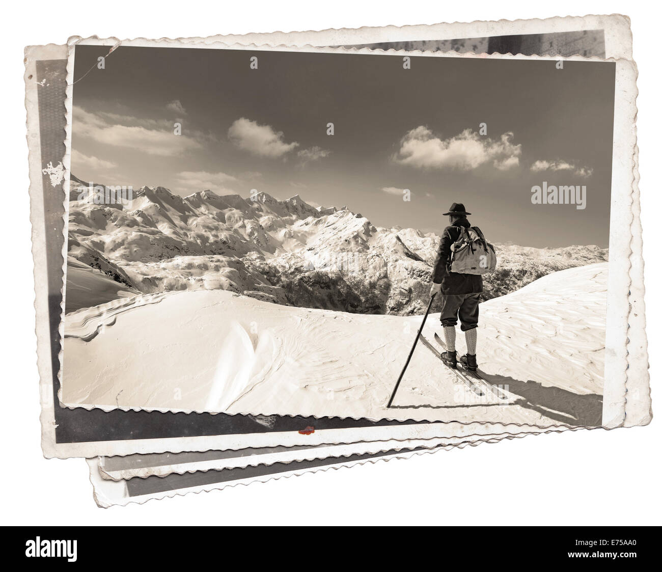 Vintage photos with skier with traditional old wooden skis Stock Photo