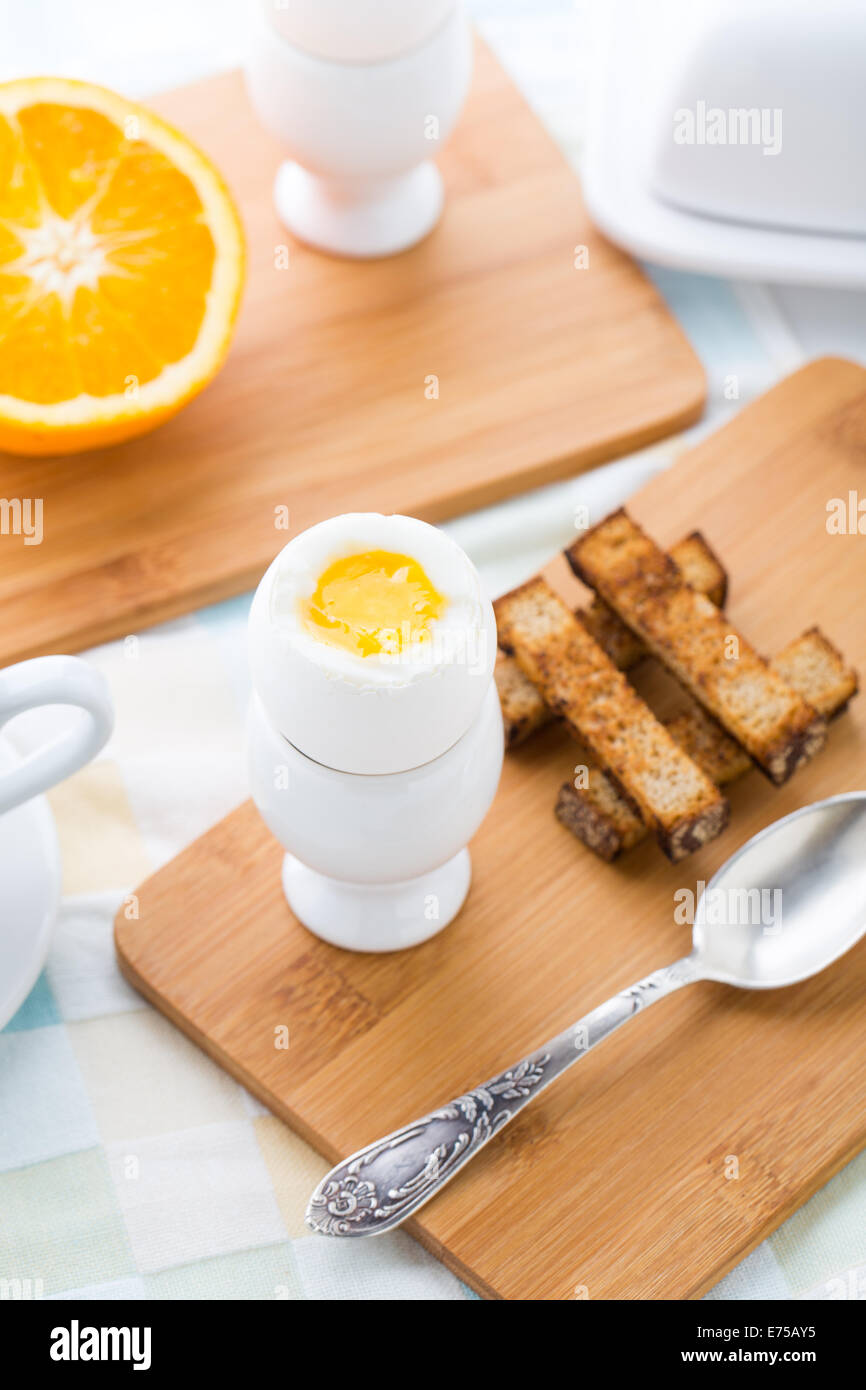 Breakfast with soft boiled eggs and toast soldiers Stock Photo Alamy