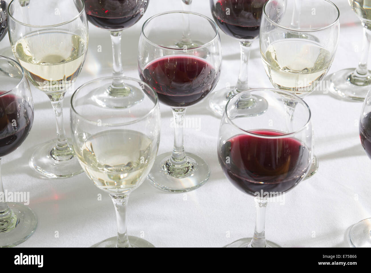 An array of wine glasses filled with different wines. Stock Photo