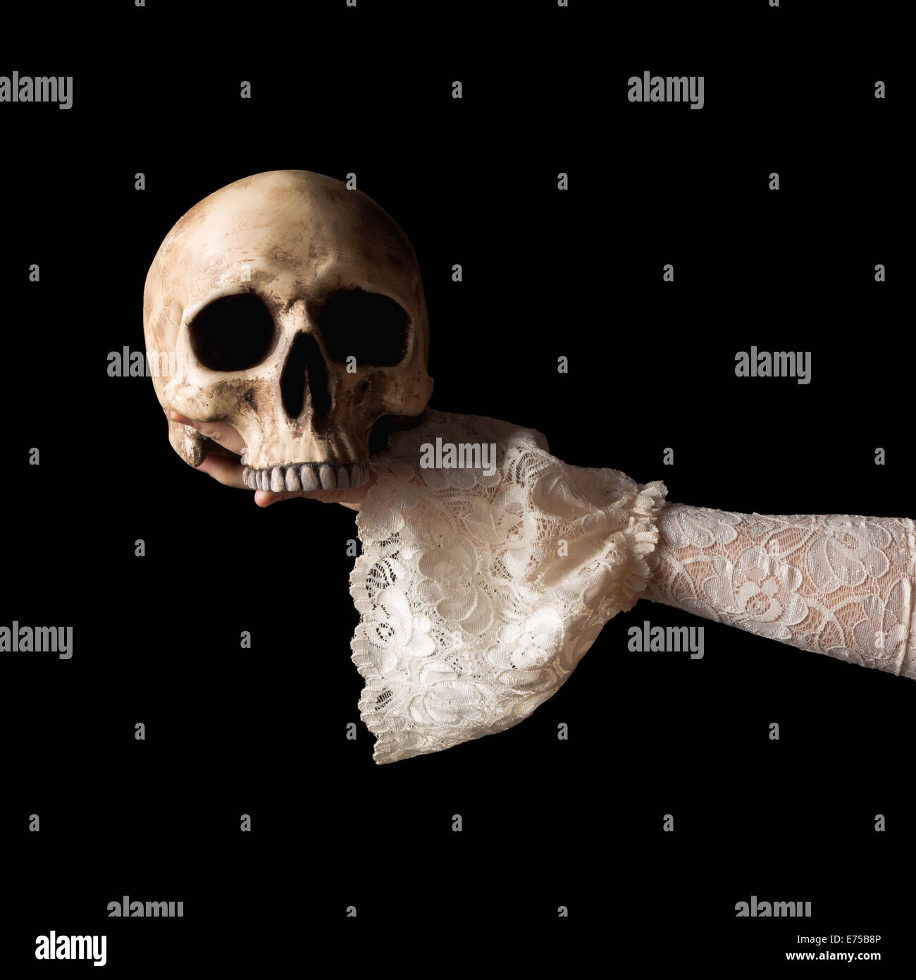 Creepy human skull held by a female hand wearing antique lace sleeves Stock Photo