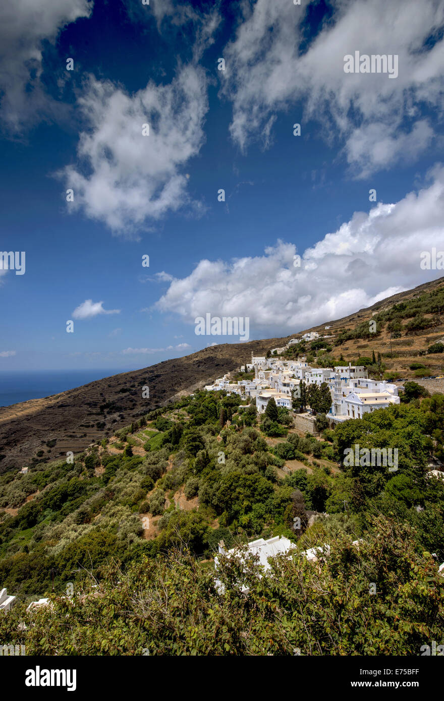 View of Kardiani gazing the Aegean sea, one of the most authentic traditional villages of Tinos island, Cyclades, Greece Stock Photo