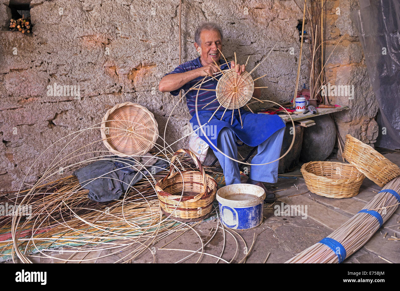 Antonis Sigalas is one of the last traditional basket makers left in Volax village in Tinos island, Cyclades, Greece Stock Photo