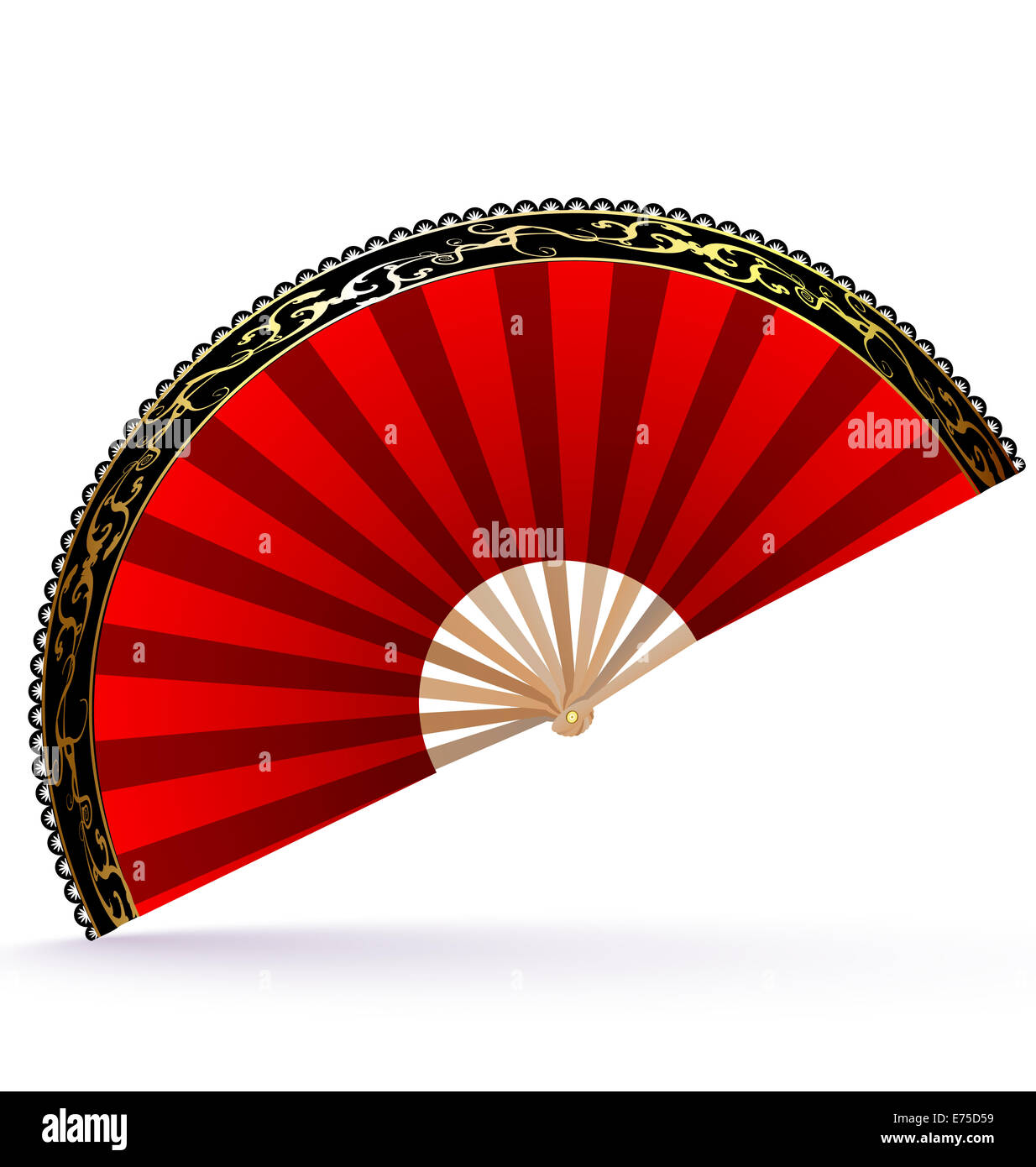 red wooden fan with a black-golden lace Stock Photo