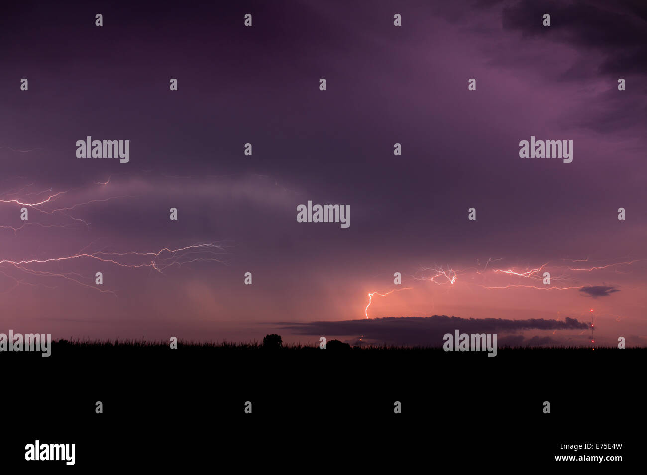 Lightning in a purple sky. Stock Photo