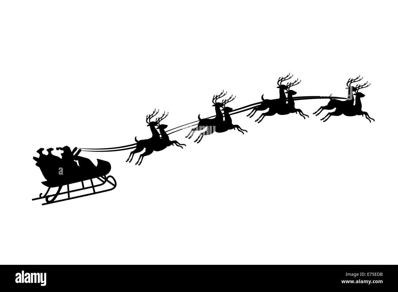 An Illustration of Santa Claus riding in a sleigh with harness on the reindeer Stock Photo