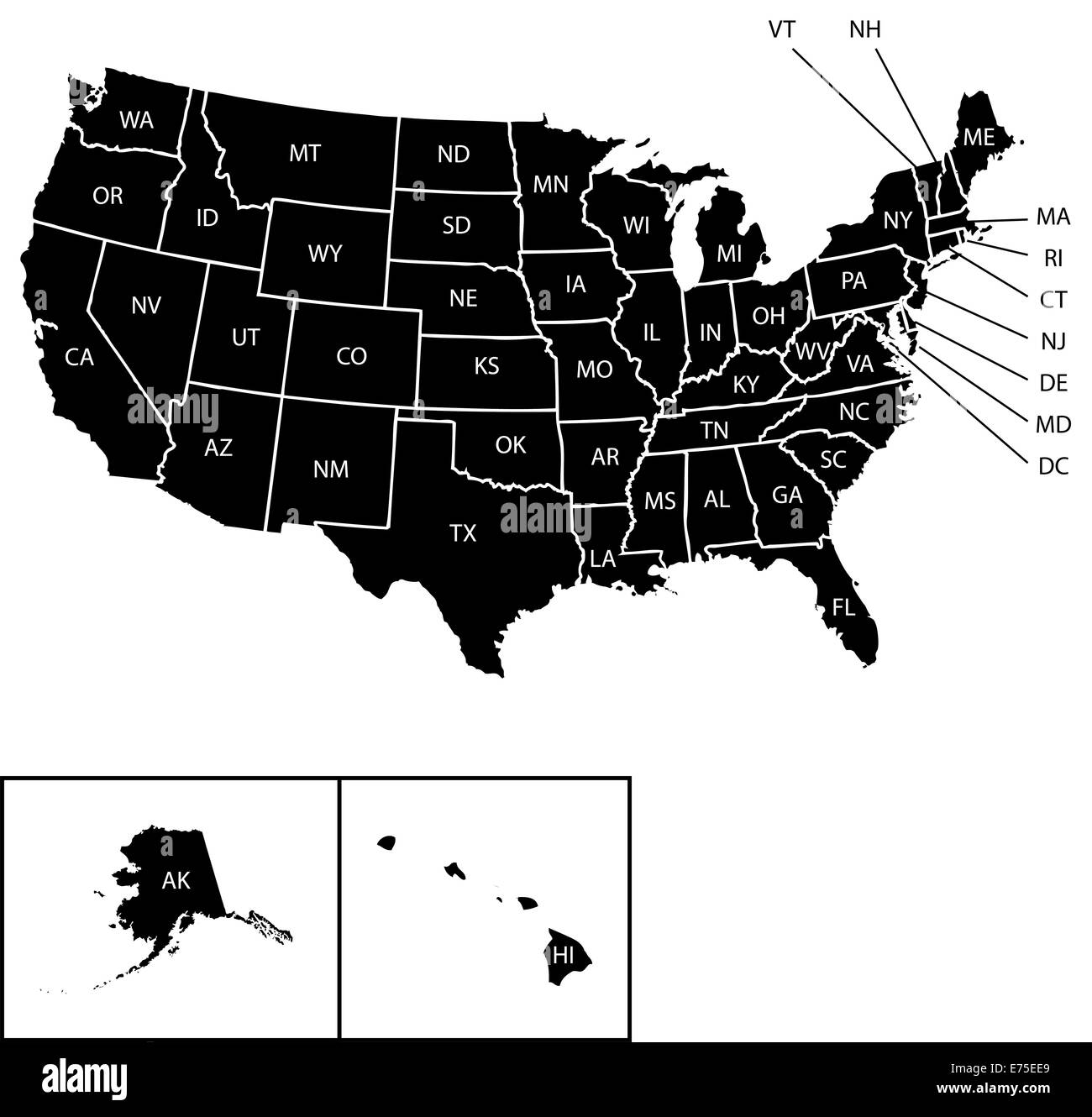 An Illustration of Map of the USA with name of each states Stock Photo ...