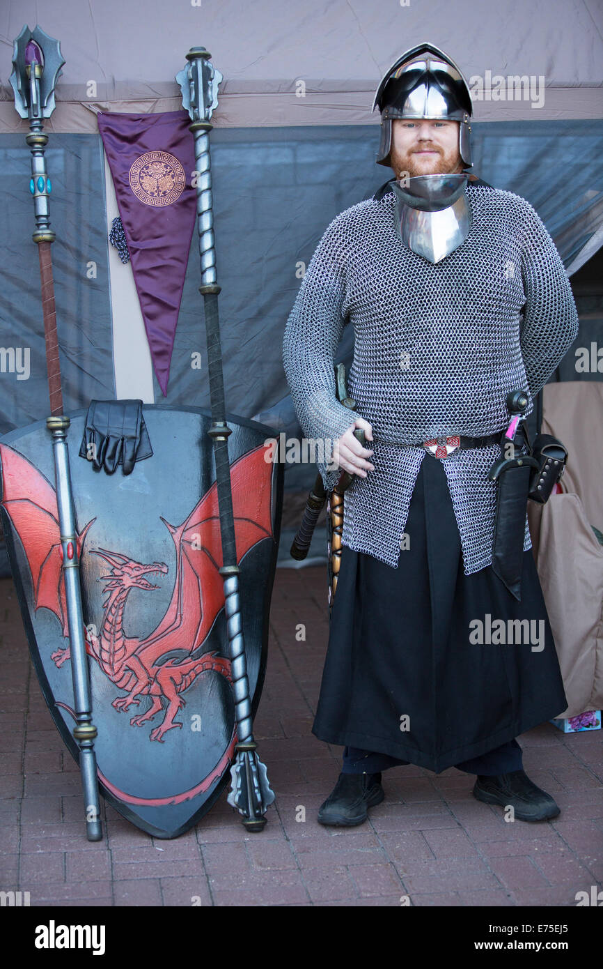Calgary, Canada. 7th September, 2014.  Member of the live action role-playing group Alliance Alberta dressed in medieval costume attends the inaugural Princess Prance at Eau Claire Market. The event raised funds for the Children's Wish Foundation to help grant wishes to children with life threatening illnesses. Credit:  Rosanne Tackaberry/Alamy Live News Stock Photo
