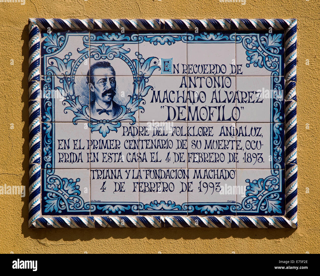 Glazed tile plaque -in memory of Antonio Machado Alavez 'Demofilo', Seville, Region of Andalusia, Spain, Europe Stock Photo