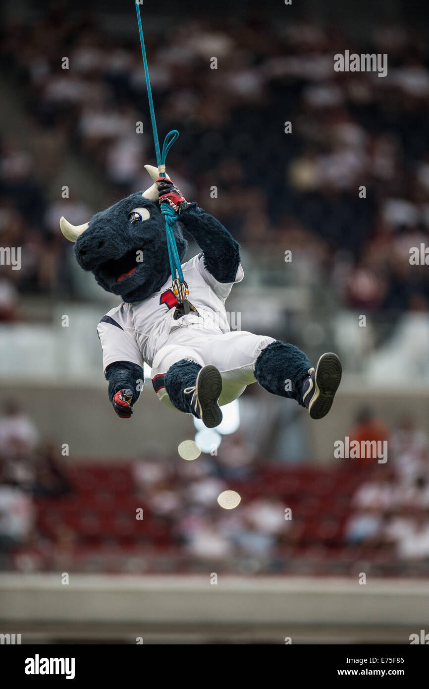 Houston, Texas, USA. 7th Sep, 2014. Houston Texans mascot Toro makes a grand entrance prior to an NFL game between the Houston Texans and the Washington Redskins at NRG Stadium in Houston, TX on September 7th, 2014. Credit:  Trask Smith/ZUMA Wire/Alamy Live News Stock Photo