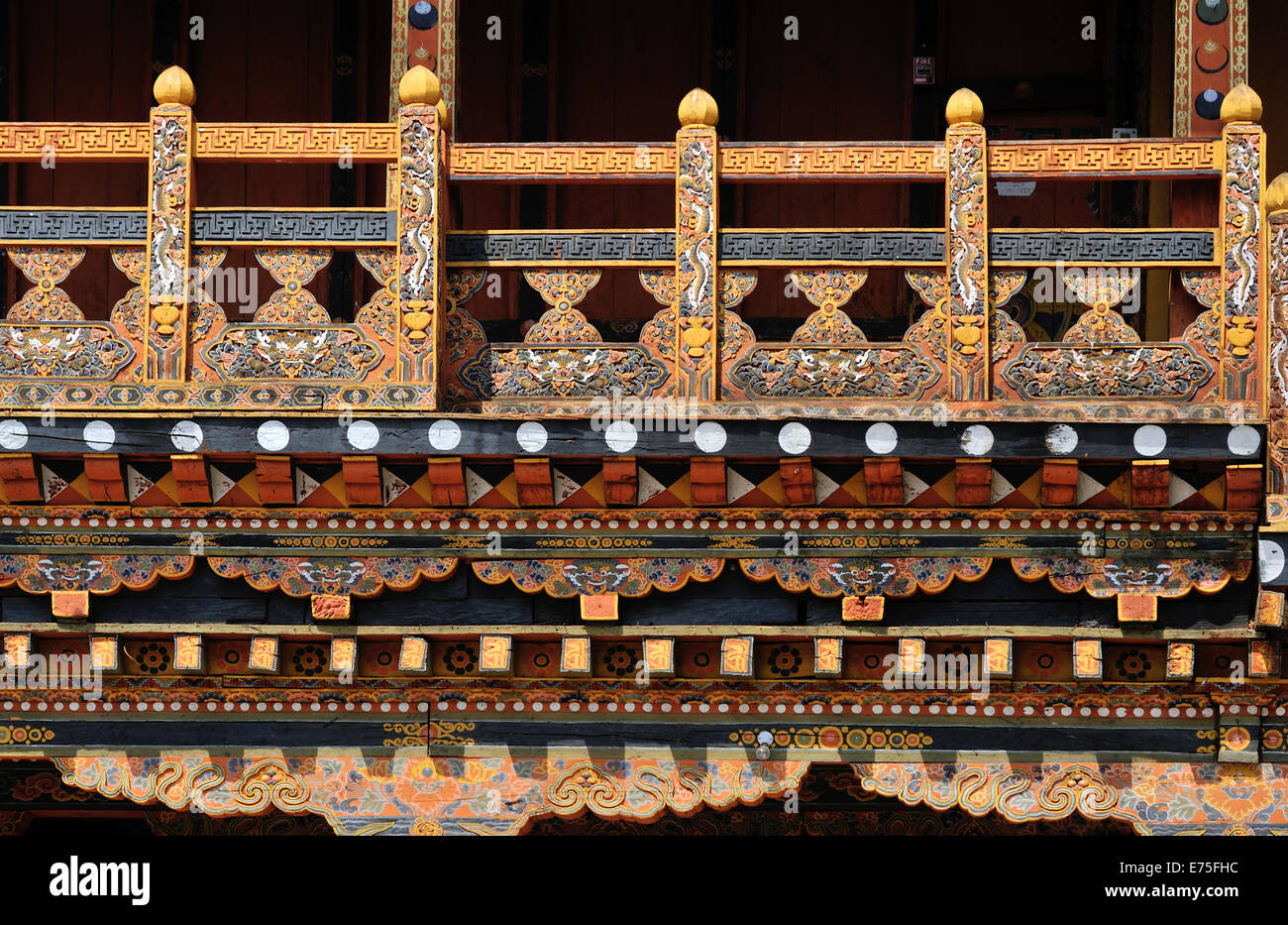 Wooden balcony, Punakha Dzong, Bhutan Stock Photo