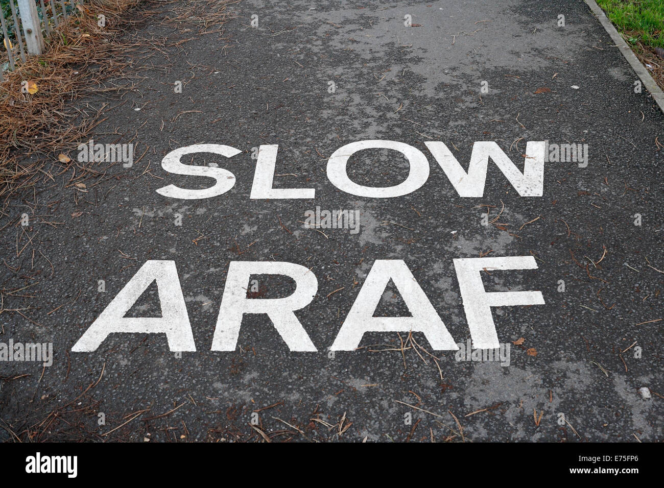 Slow Araf Welsh Bilingual Path markings Stock Photo