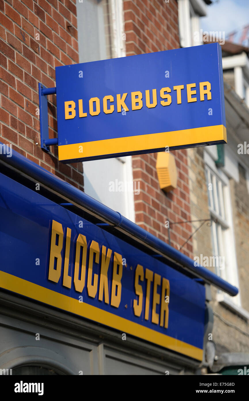 Blockbuster store sign, UK high street. Stock Photo