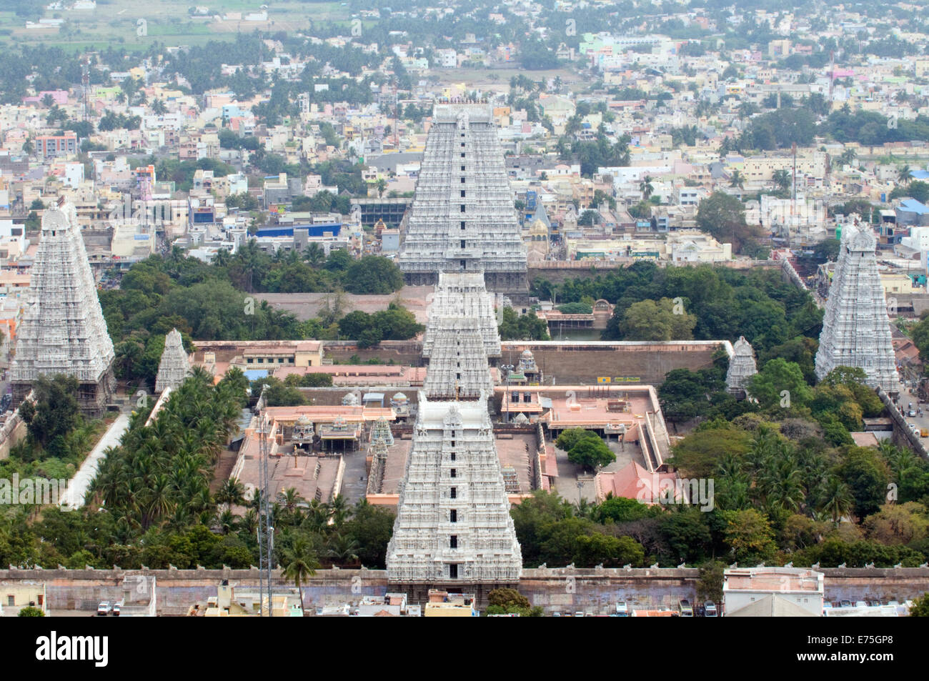 The full expanse of the Lord Shiva Temple in Tiruvannamalai at the foot of Arunachala sacred mountain made famous by Sri Ramana Stock Photo