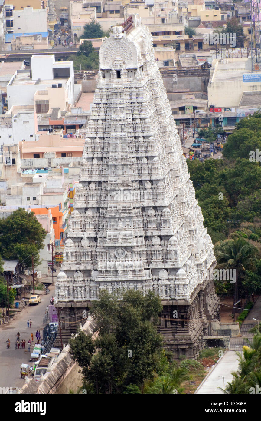 White Gopuram, Shiva temple tower gate, photographed from above from nearby Arunachala sacred mountain in Tiruvannamalai South Stock Photo