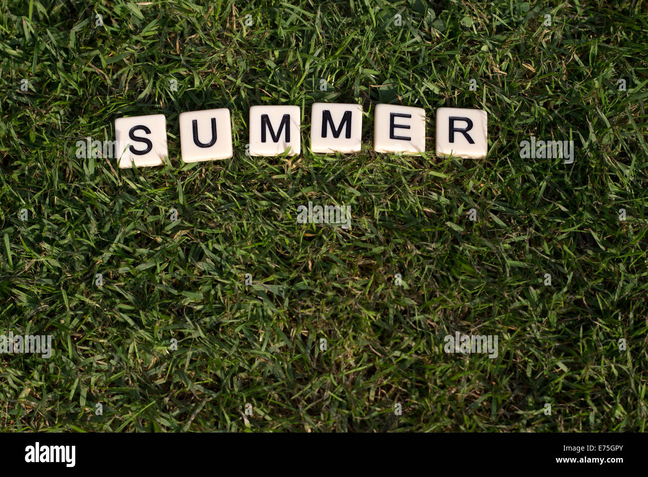 Summer written in tiles on green grass Stock Photo