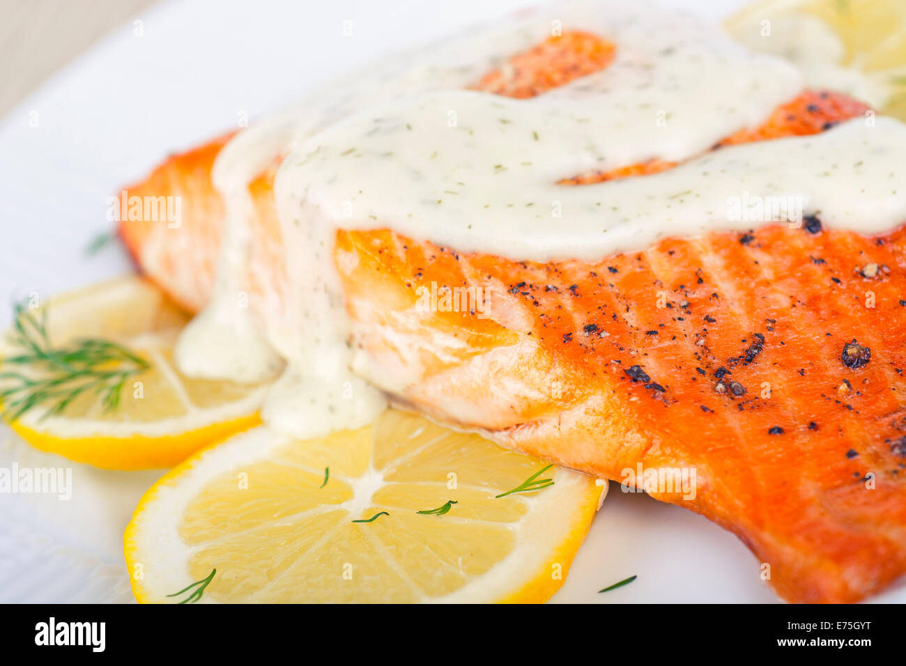 Salmon Fillet with Dill and Lemon Sauce Stock Photo