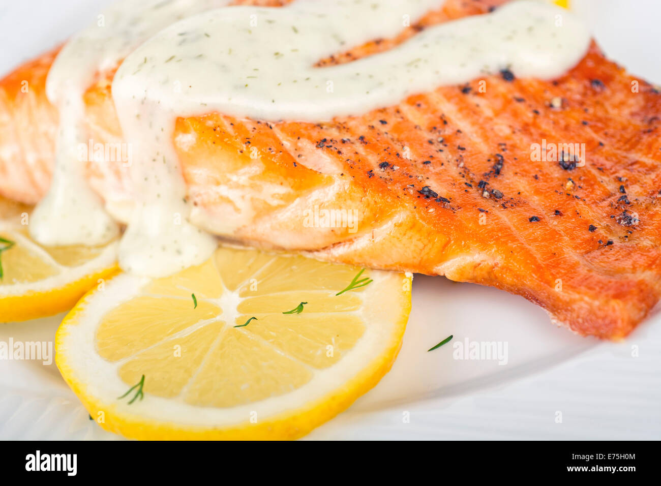 Grilled Salmon Fillet with Dill and Lemon Sauce Stock Photo
