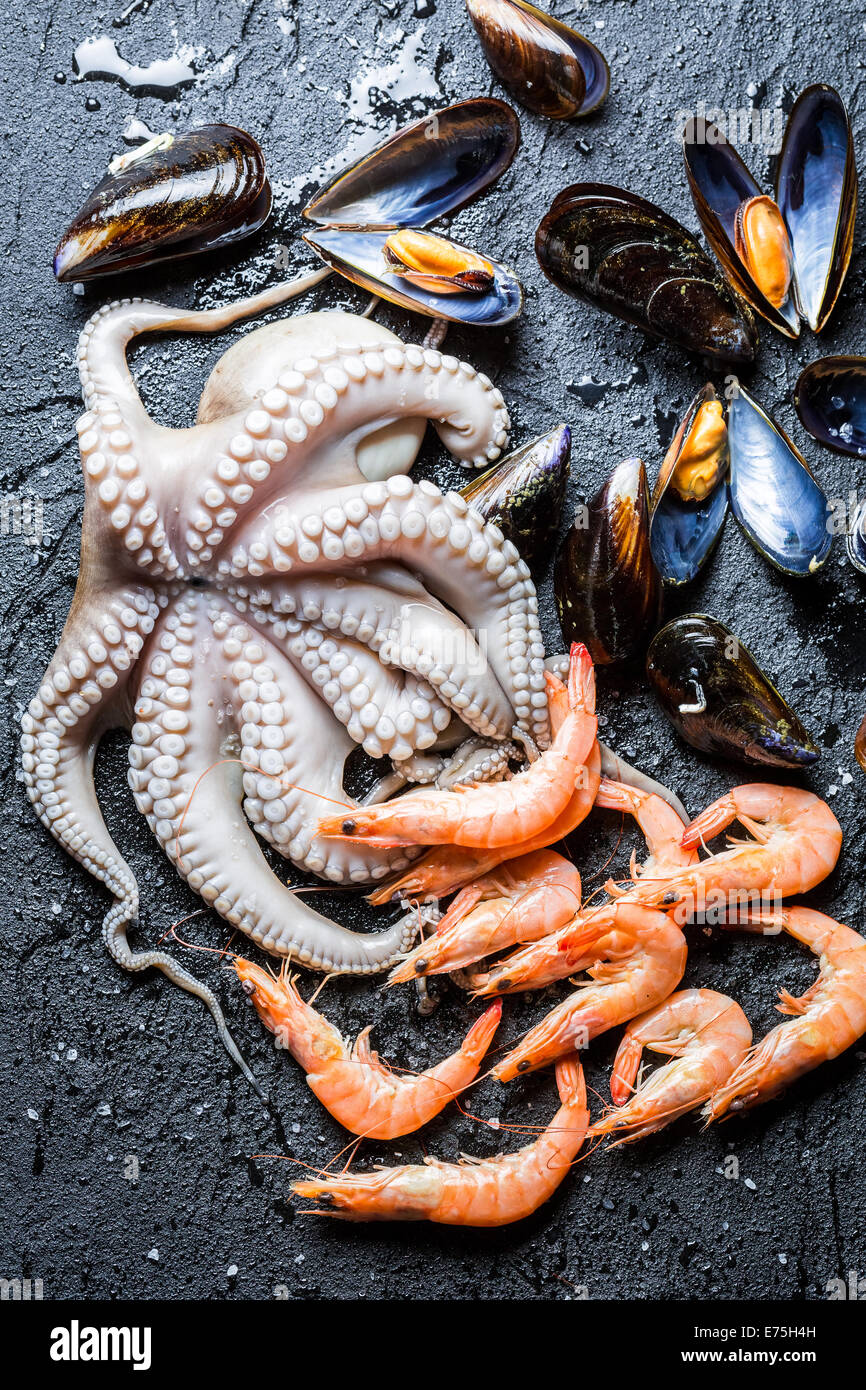 Three kinds of fresh seafood Stock Photo Alamy