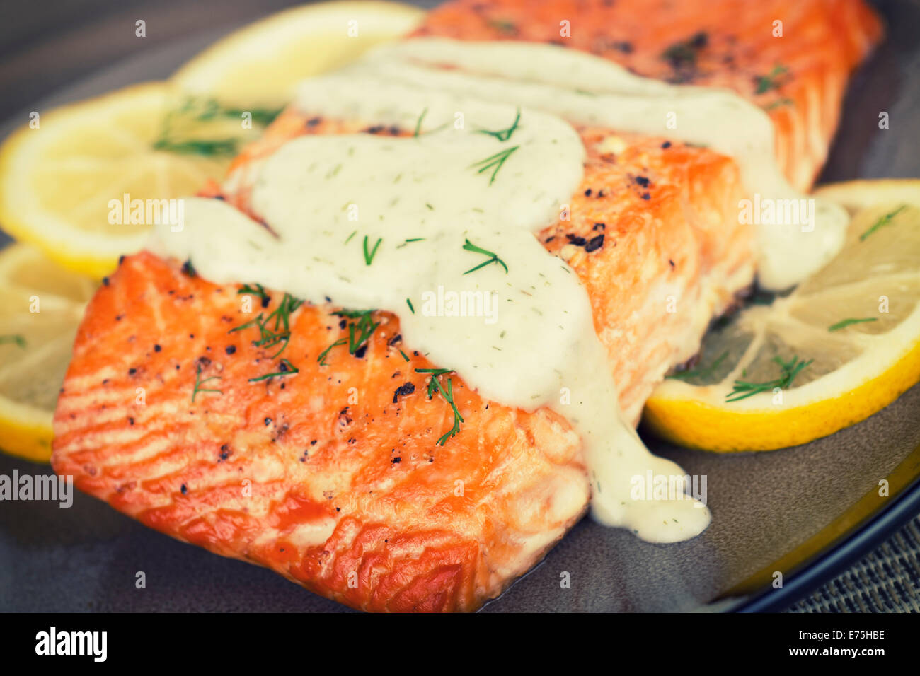 Grilled Salmon Fillet with Dill Sauce Stock Photo