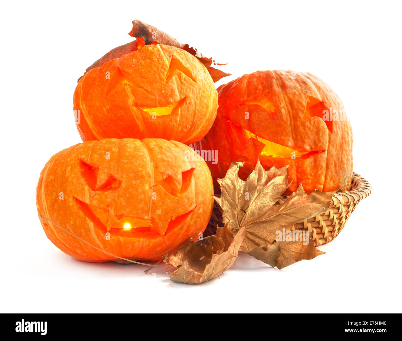 Glowing Halloween Pumpkins isolated on white background Stock Photo
