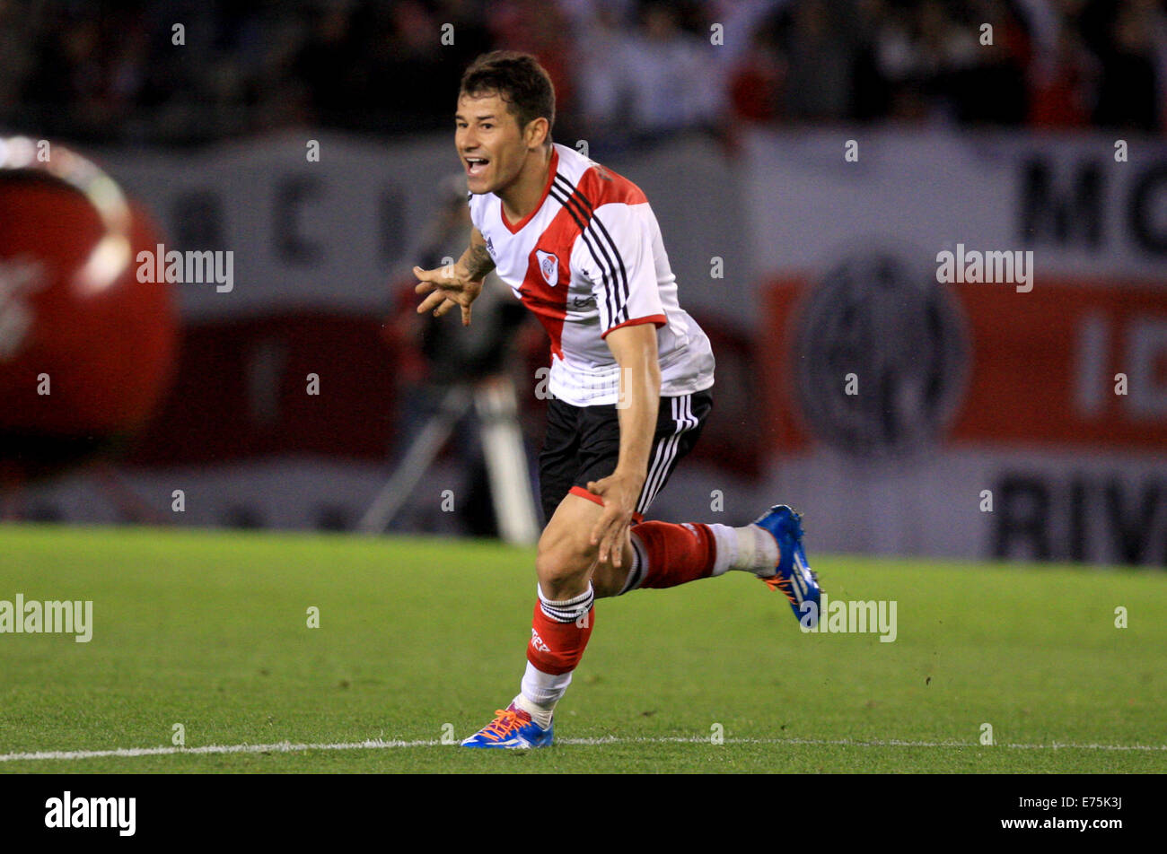 Buenos Aires, Argentina. 7th Sep, 2014. Rodrigo Mora of River Plate celebrates a scoring during the match of the Argentinean First Division against Tigre in the Antonio Vespucio Liberti Stadium, in Buenos Aires, Argentina, on Sept. 7, 2014. © Martin Zabala/Xinhua/Alamy Live News Stock Photo
