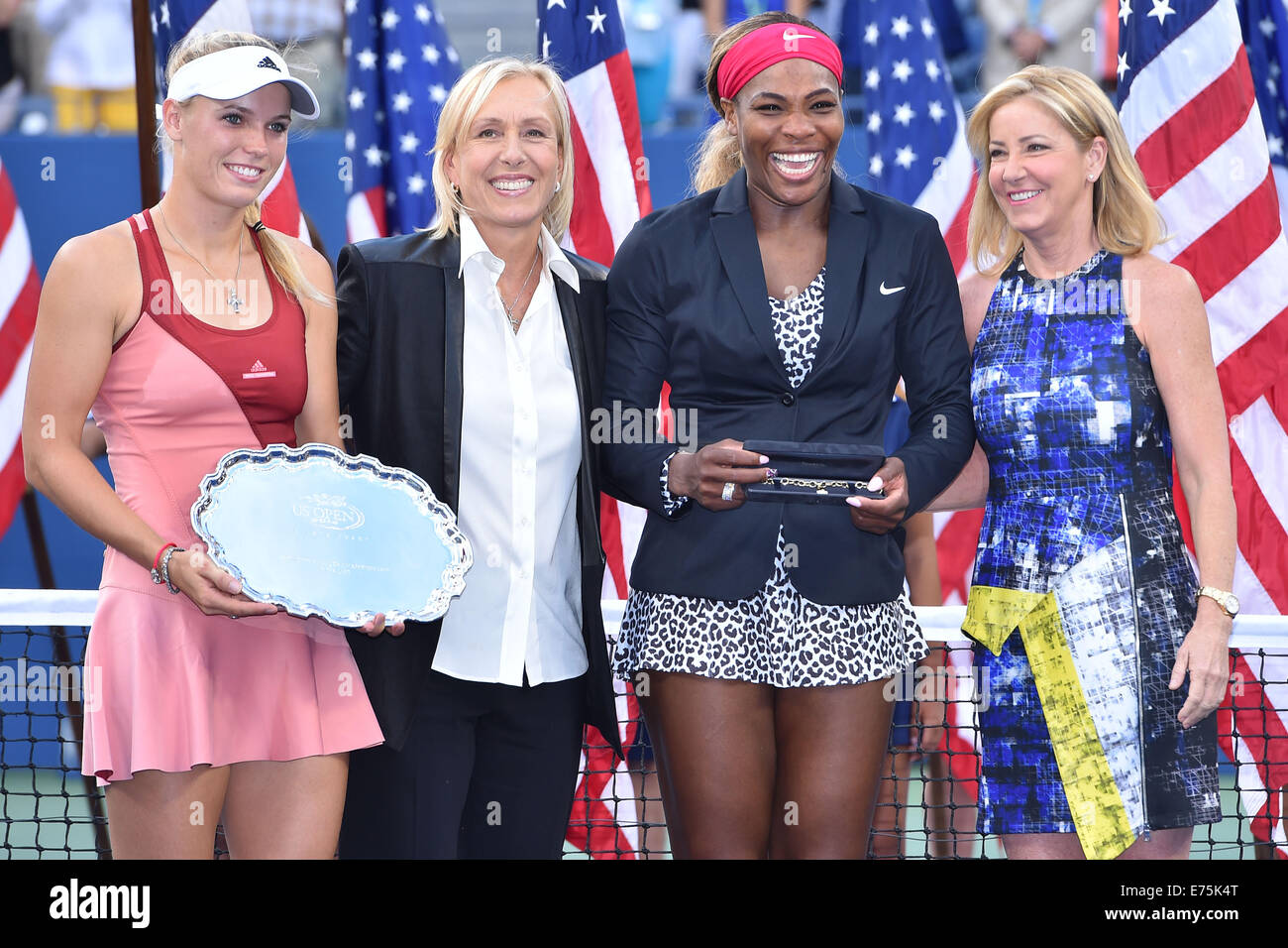 Flushing Meadows, New York, USA. 07th Sep, 2014. US Open, Billie Jean King National Tennis Center, Flushing Meadow, NY. Serena Williams (USA) versus Caroline Wozniacki in the womens singles final. Martina Navratilova and Chris Evert with the players and their trophies Williams won in 2 sets 6-3 and 6-3. Credit:  Action Plus Sports/Alamy Live News Stock Photo