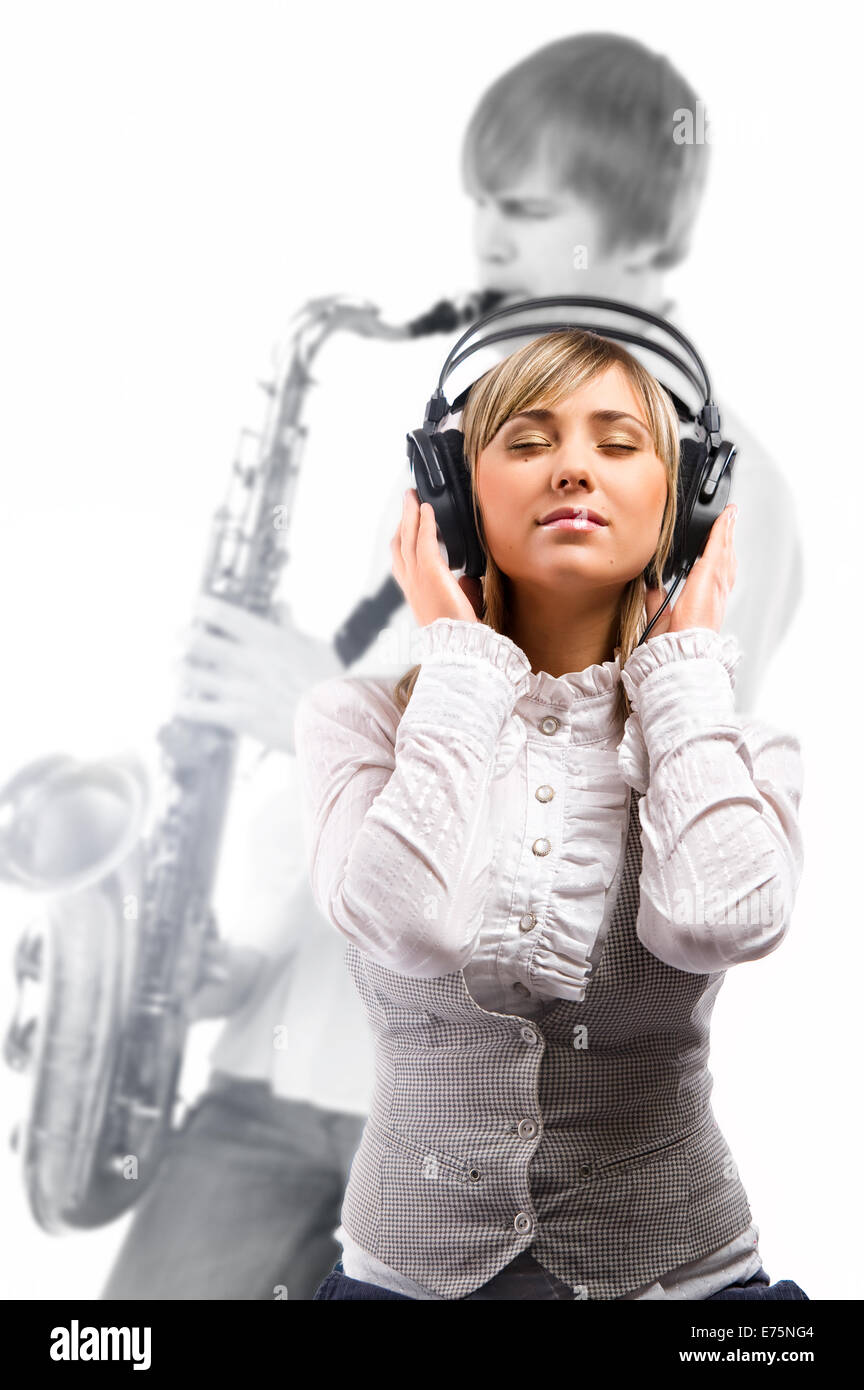 Lovely girl in headphones listening music Stock Photo Alamy