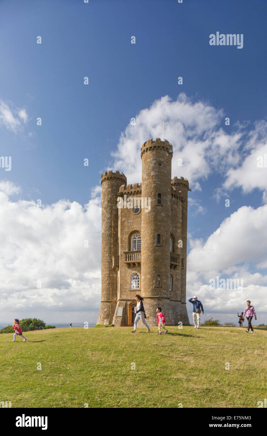 Young family at Broadway Tower folly and viewpoint, Broadway Country Park, Worcestershire, England, UK Stock Photo