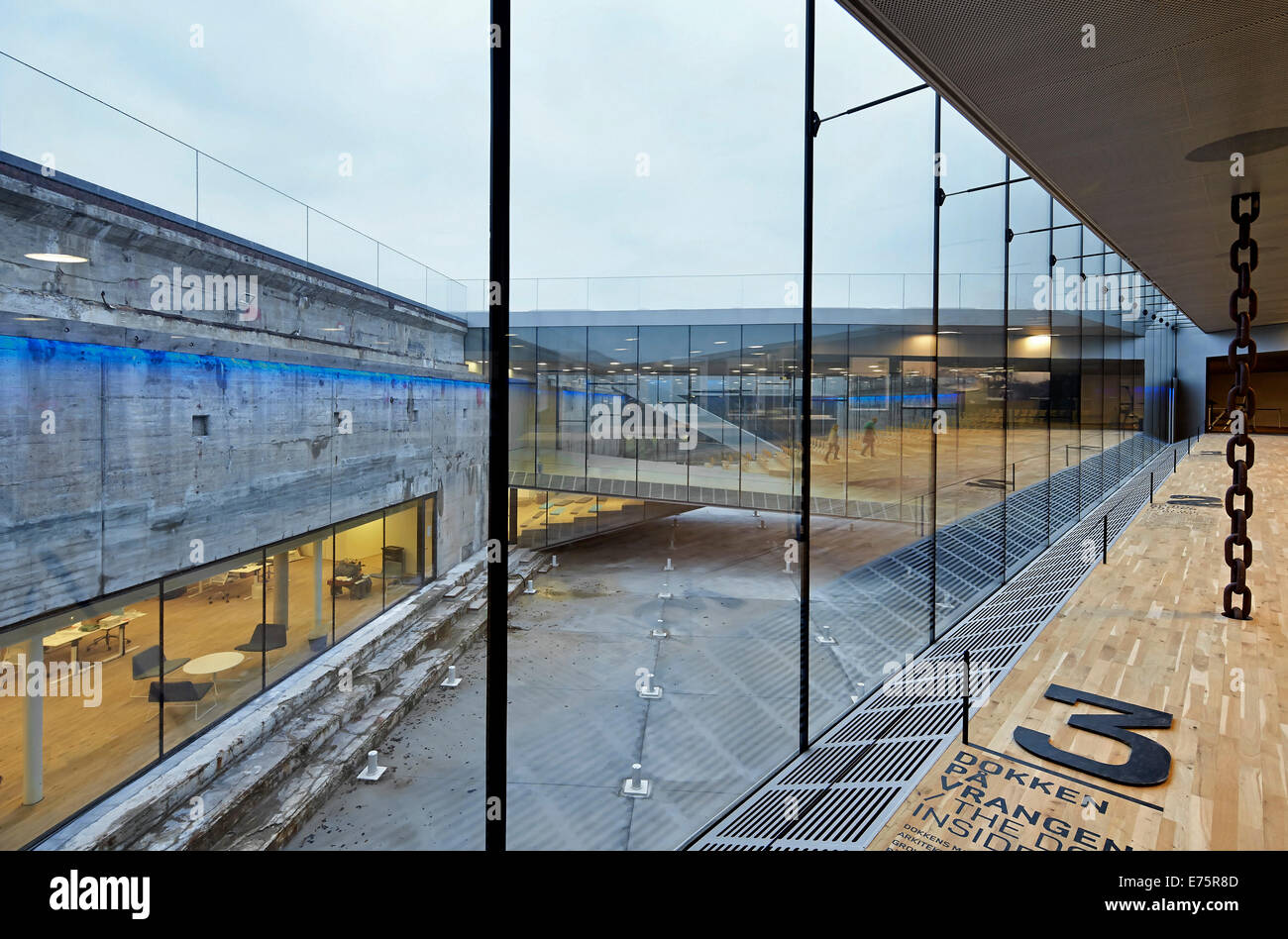 Danish Maritime Museum (M/S Museet for Sofart), Helsingor, Denmark. Architect: Bjarke Ingels Group (BIG), 2013. Views through gl Stock Photo
