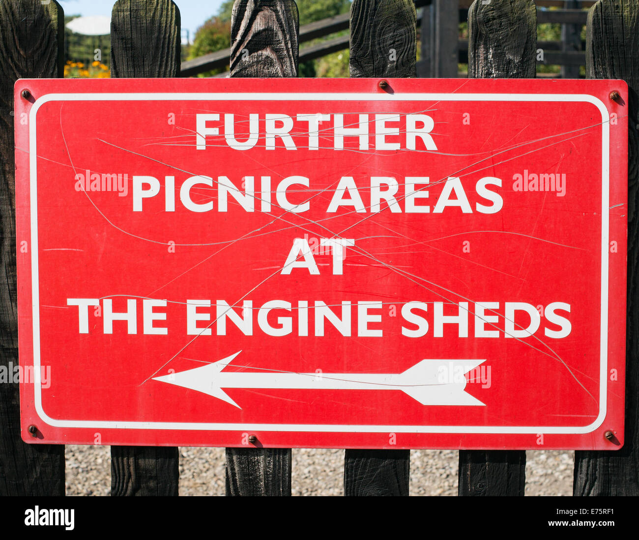 Unusual sign Picnic area at Engine Sheds NYMR, Grosmont, North Yorkshire, England, UK Stock Photo